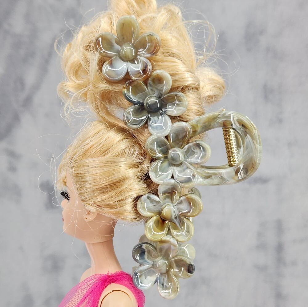 Flower Claw Clip - Hair Accessories - Marble Swirl Design Gray/Brown/White